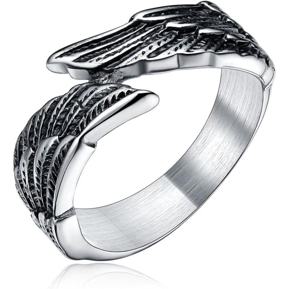 Antique Stainless Steel Ring Feather Angel Wing Cast Black Silver Band Size 4.5-